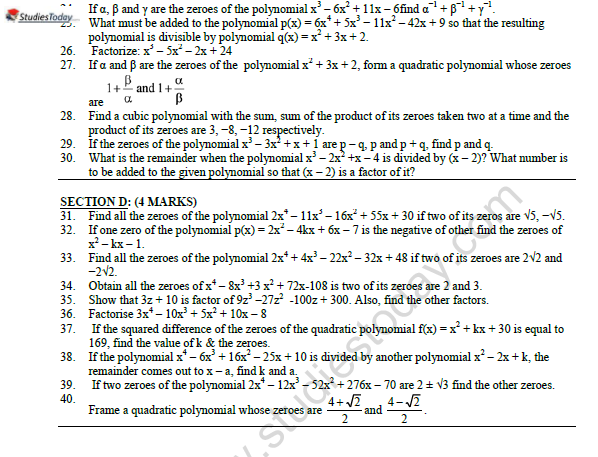 CBSE Class 10 Mathematics Polynomials Worksheet Set A